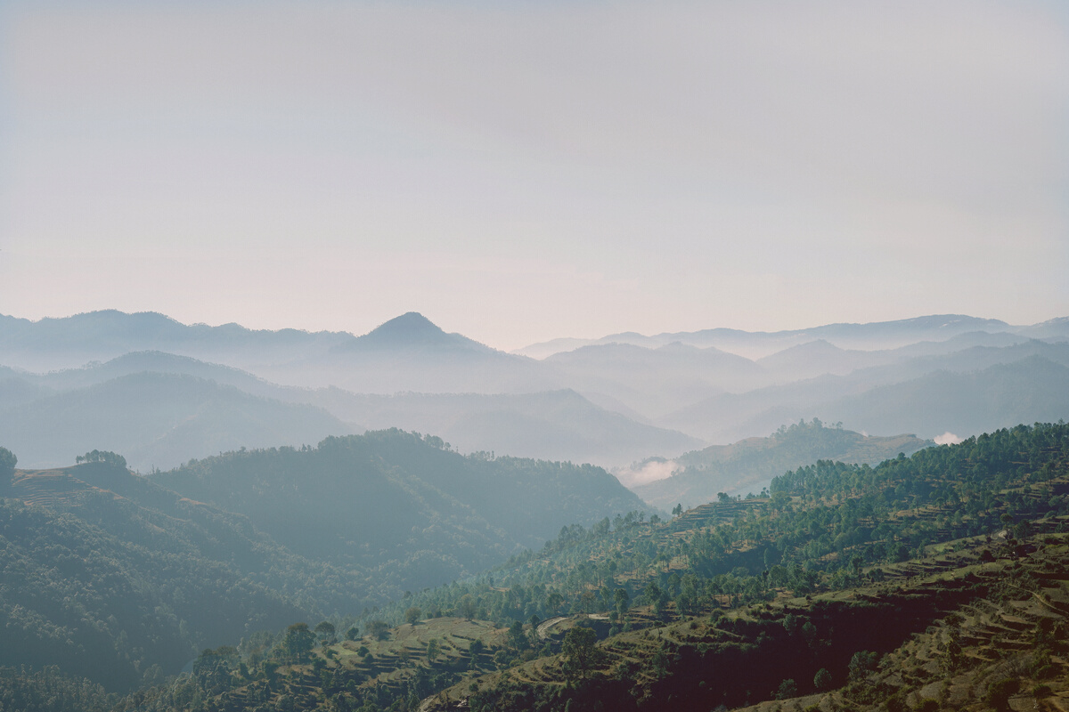 Peaceful amazing highland terrain in mist